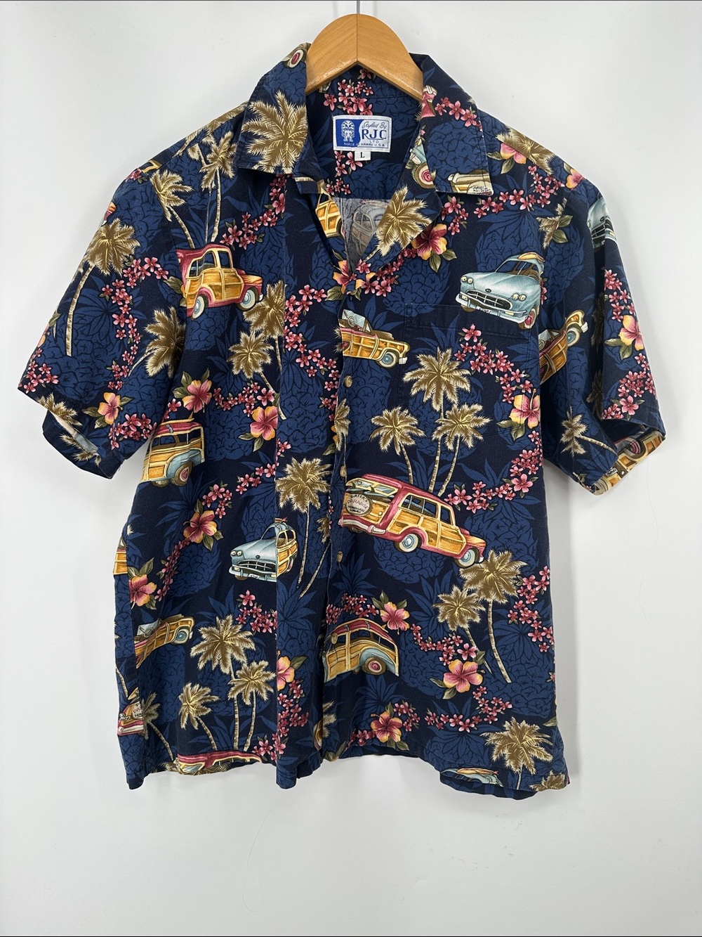 Vintage Hawaiian Woody Car & Palm Print Mens Shirt